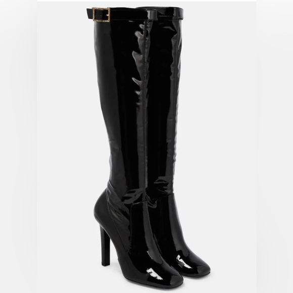 Saint Laurent Shoes - Saint Laurent Lala Square Toe Crystal-buckle Leather Knee-high Boots